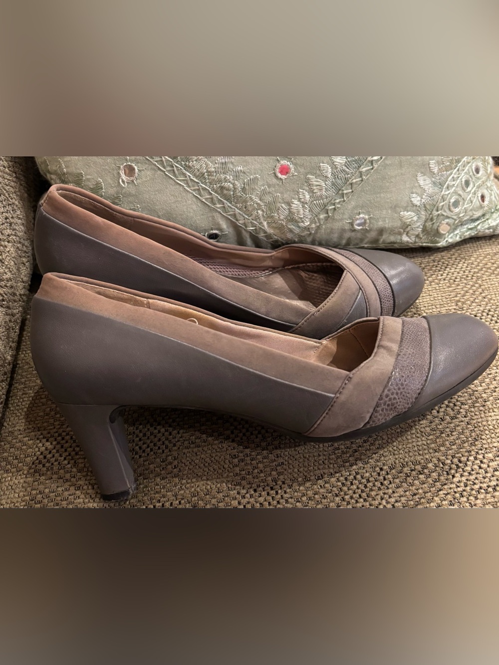 Easy Spirit Wide Width Taupe and Brown Leather Block Heel Pumps